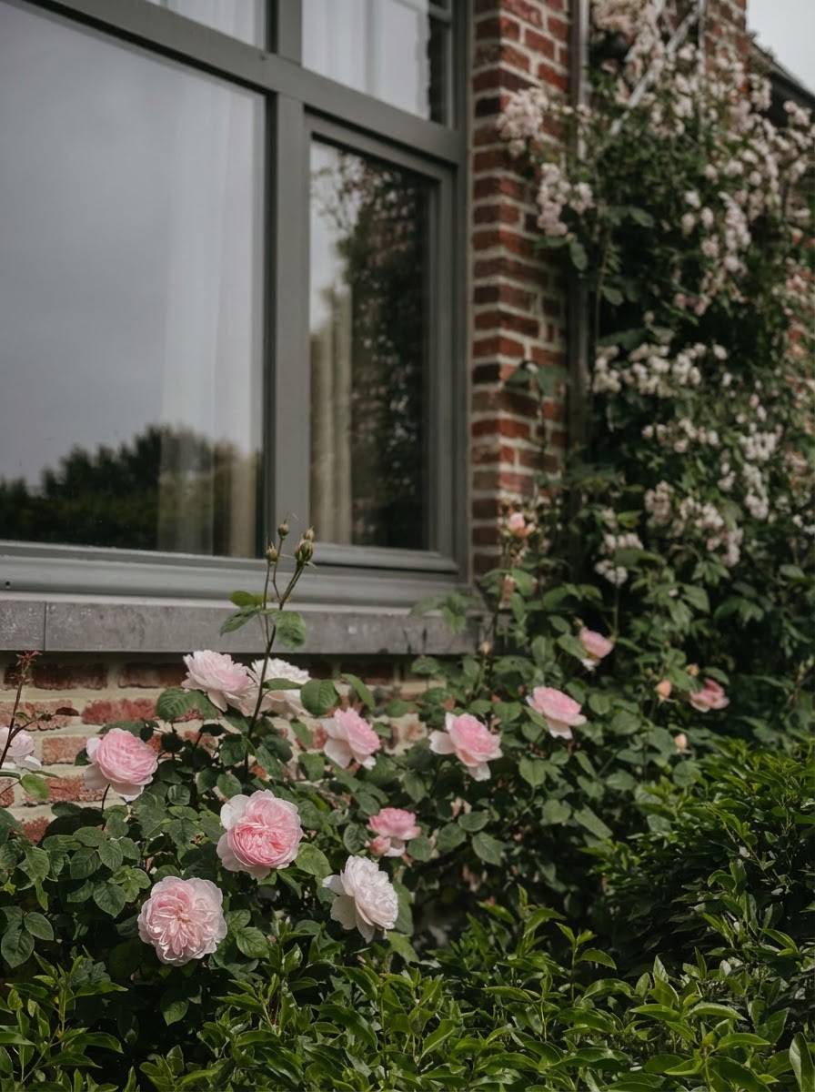 Rozen tegen bakstenen gevel — tuinontwerp Overijse