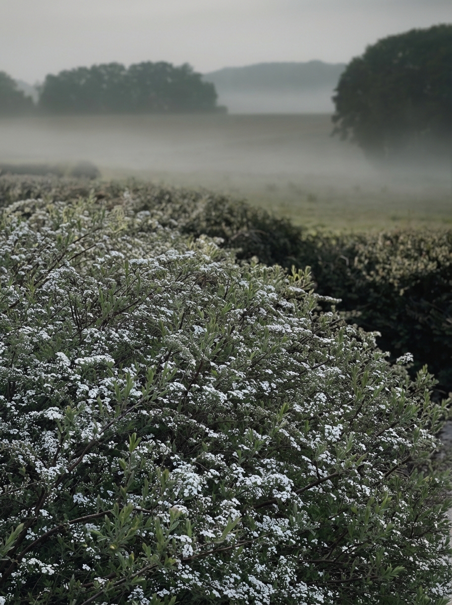 Witte Spiraea bloei tegen mistig landschap